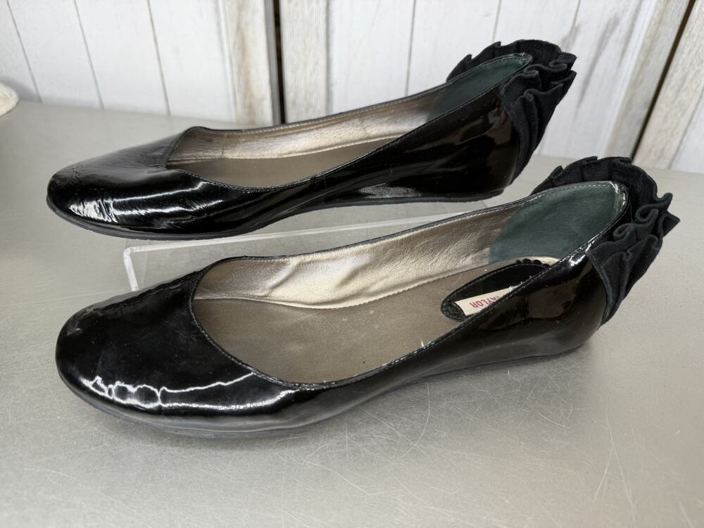 Rebecca Taylor Size 7.5 Black Patent Leather Wedge Flat Ruffled Accent